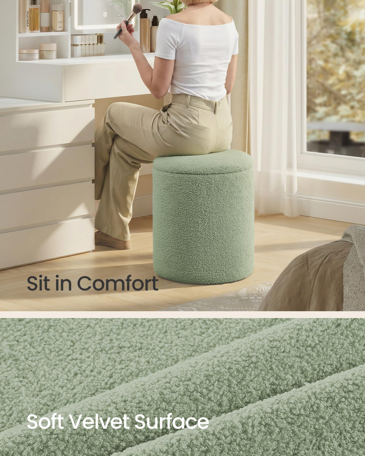 SONGMICS vanity stool with removable lid revealing hidden storage