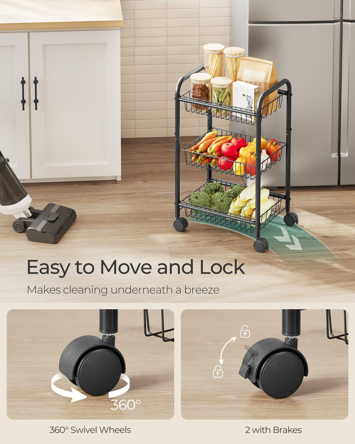 Songmics removable top and bottom baskets keep vegetables, fruits, or supplies fresh and accessible.