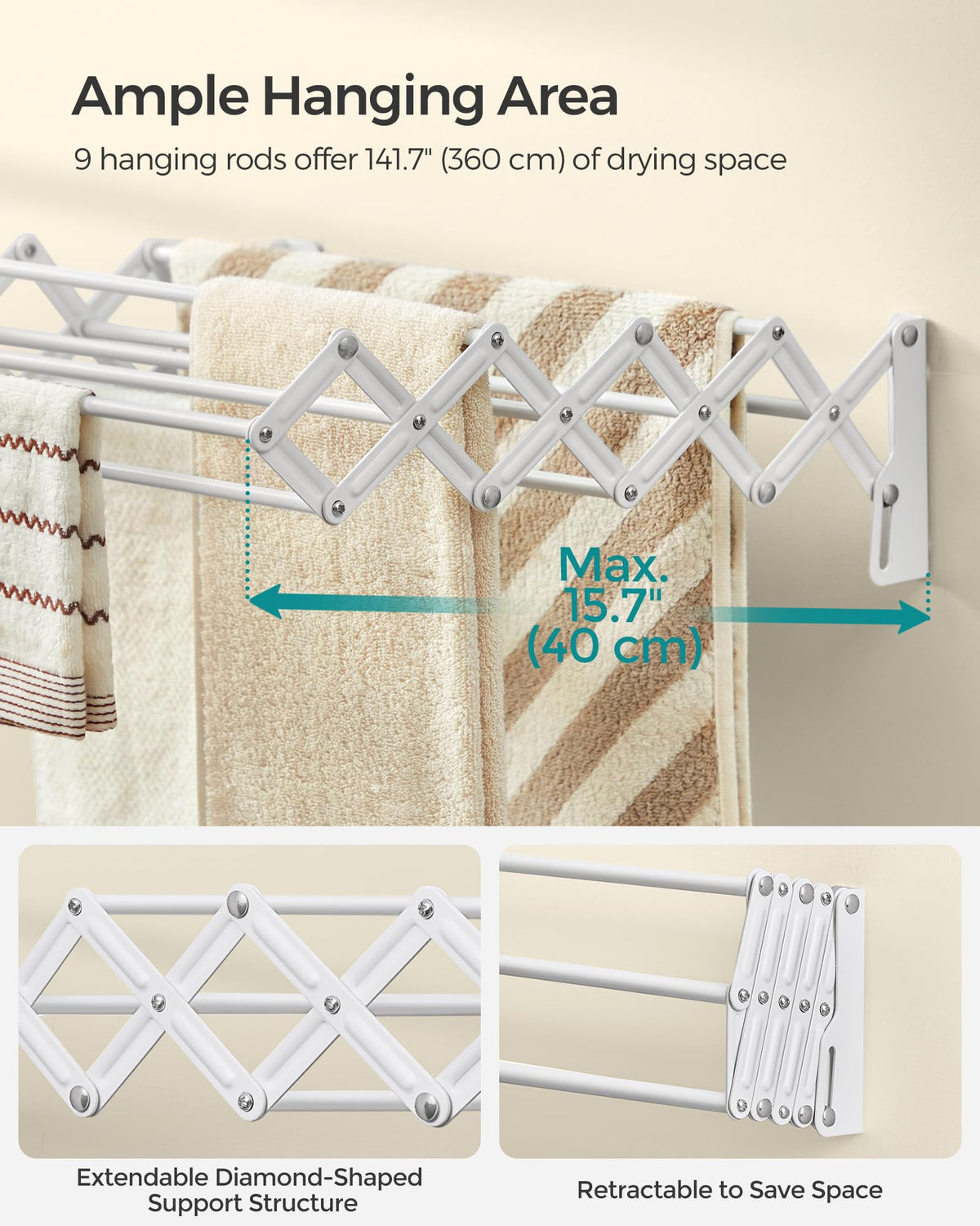 Songmics retractable folding drying rack folds flat when not in use for clutter-free walls.