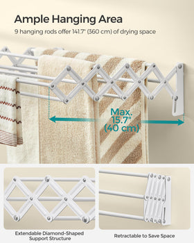 Songmics retractable folding drying rack folds flat when not in use for clutter-free walls.