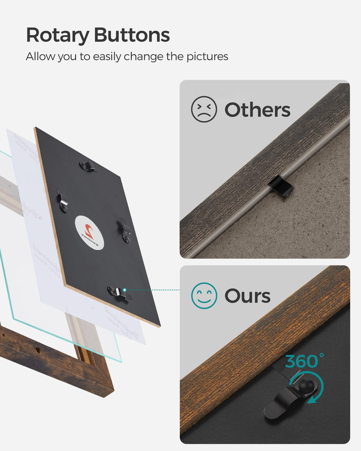 SONGMICS back shows rotary tabs for easy photo swaps.