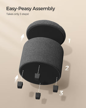 Songmics round ottoman completes bedroom decor while providing hidden storage.