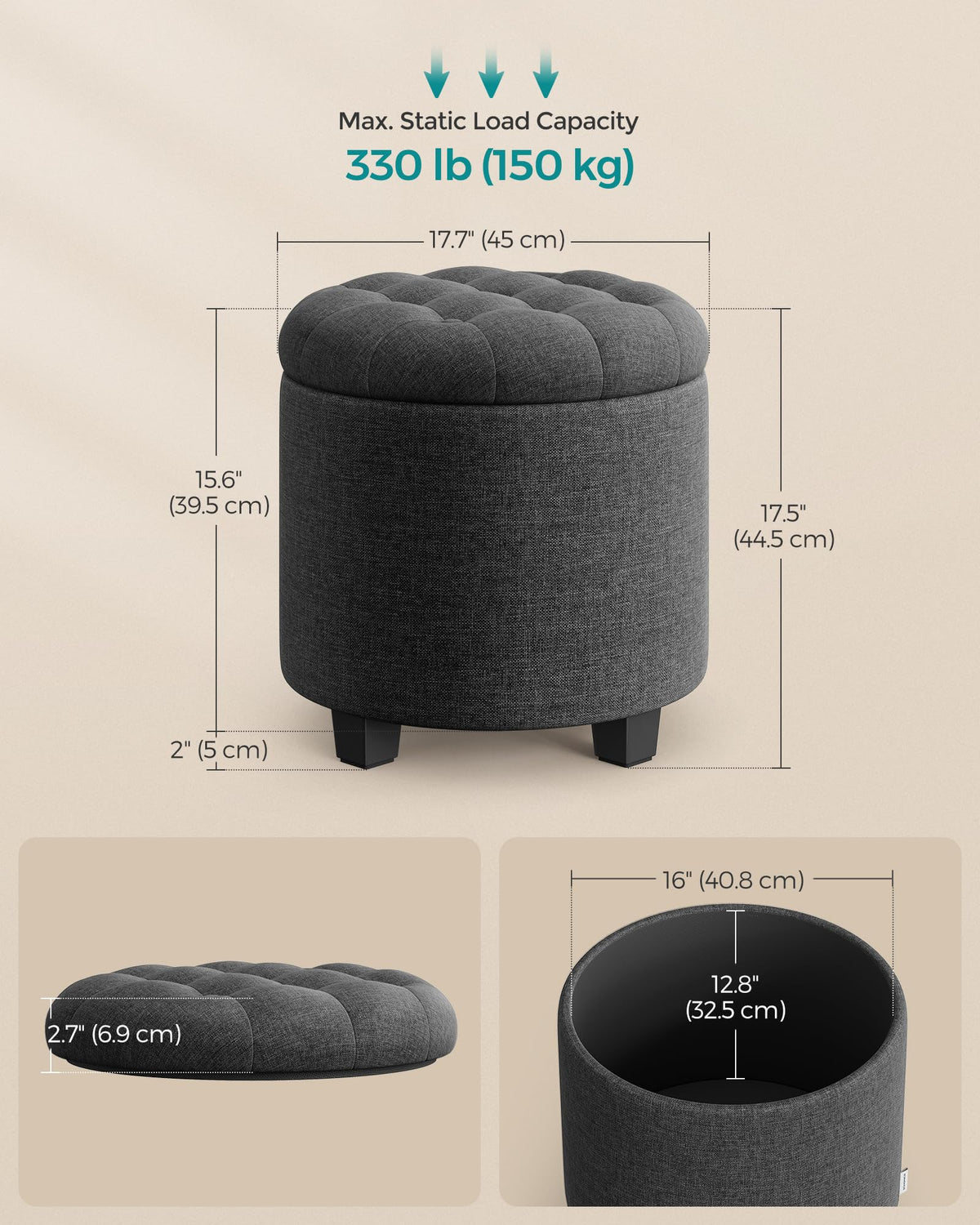 Songmics round ottoman in dark gray fabric offers soft texture and easy maintenance.