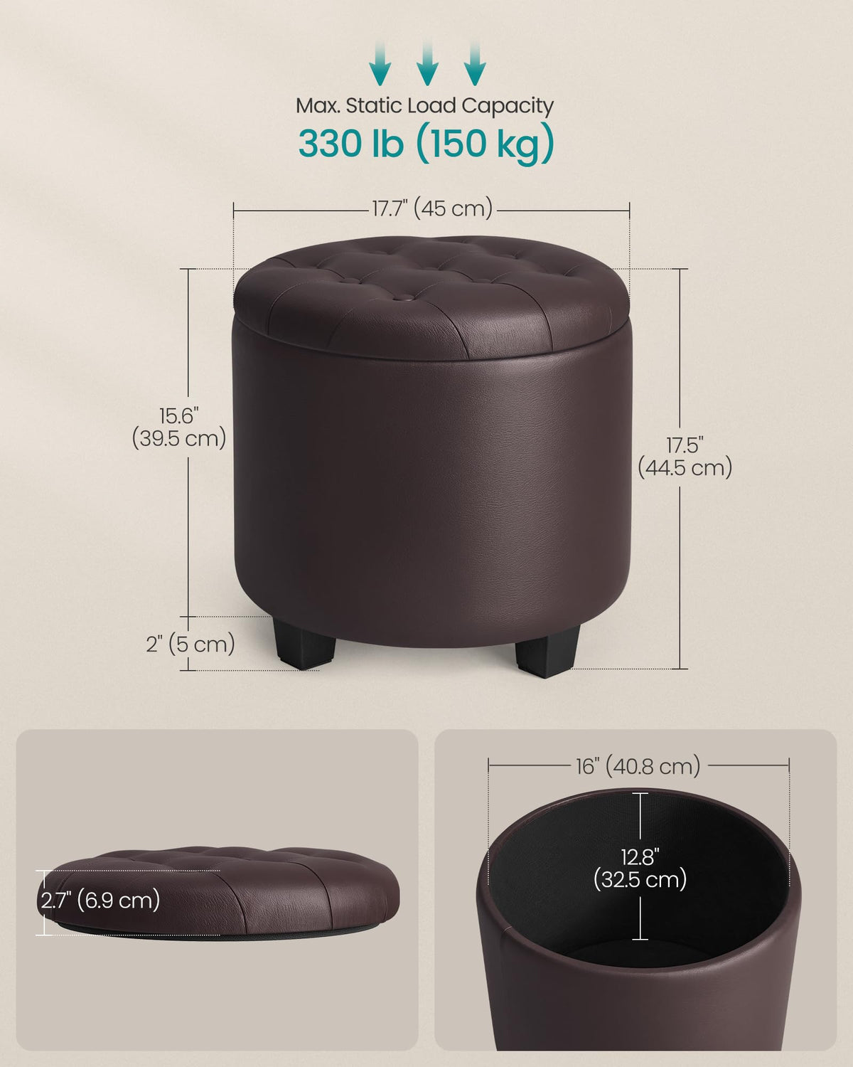 Songmics round ottoman with four non-slip legs keeps floors safe