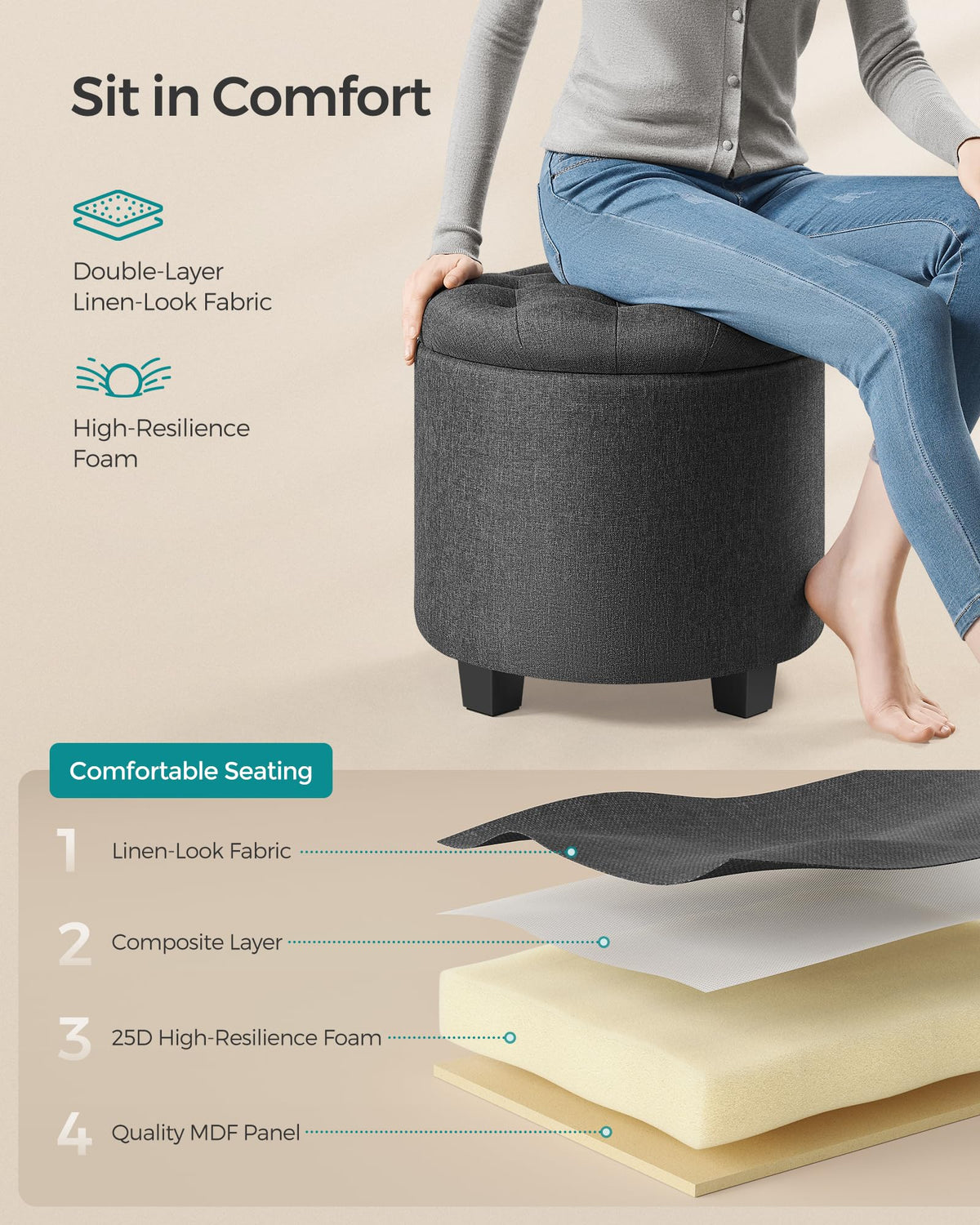 Songmics round ottoman situated in a cozy living room scene.