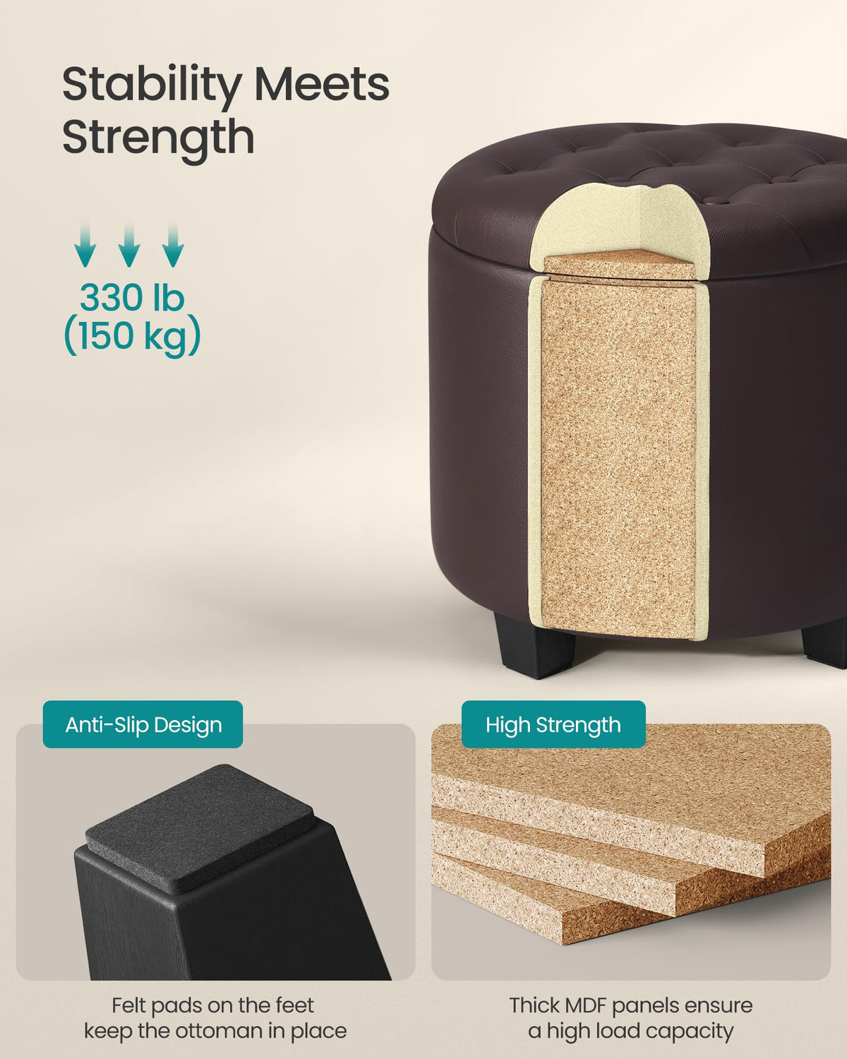 Songmics round ottoman interior storage space measures 11.2 gallons