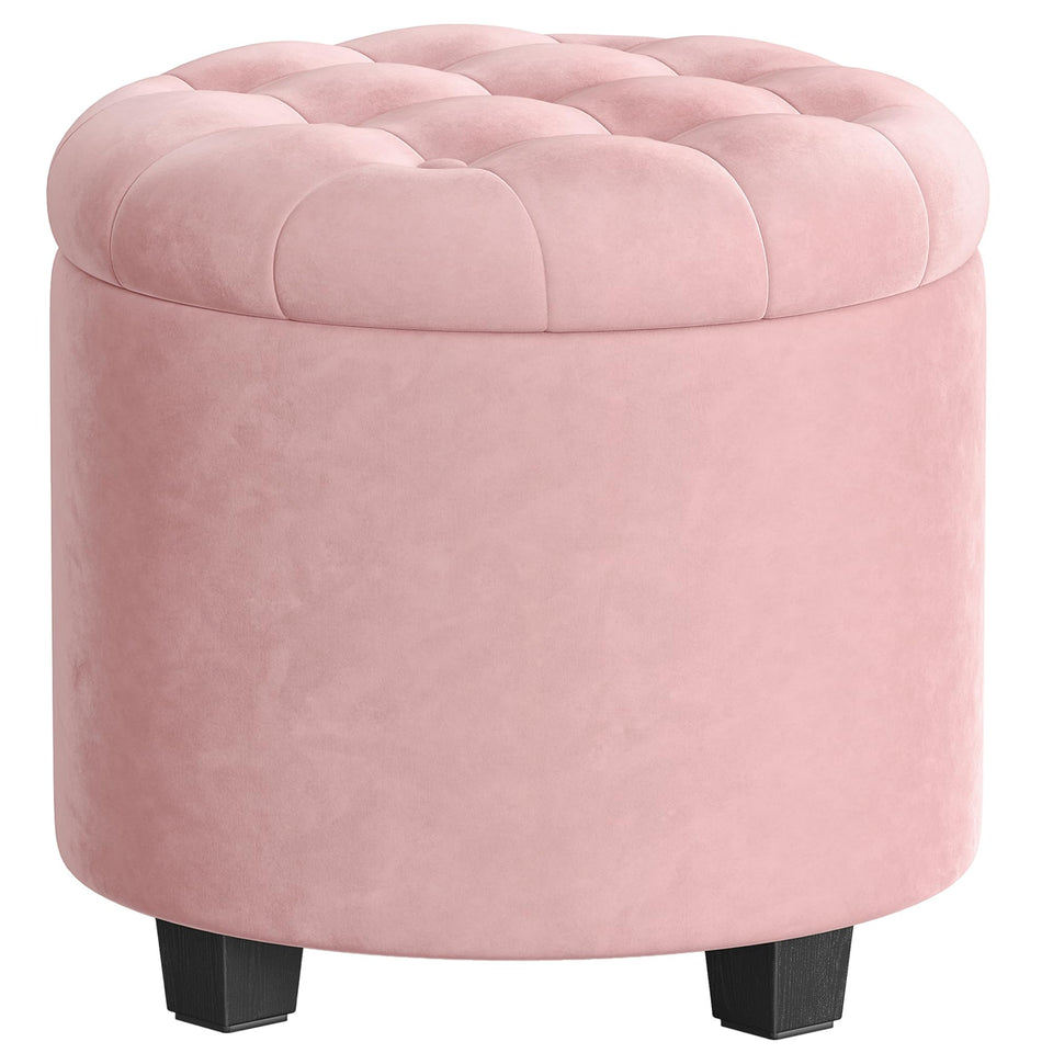 Songmics round ottoman with storage jelly pink, top view showing hidden space