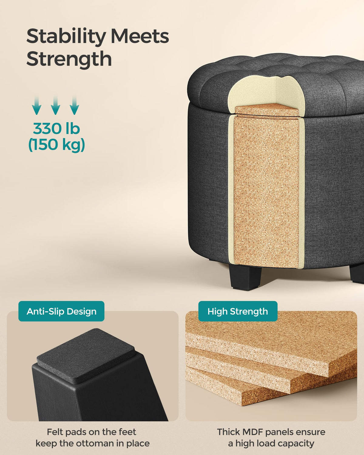 Songmics round ottoman used as an extra seat in a living room.