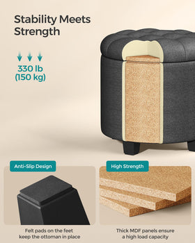 Songmics round ottoman used as an extra seat in a living room.