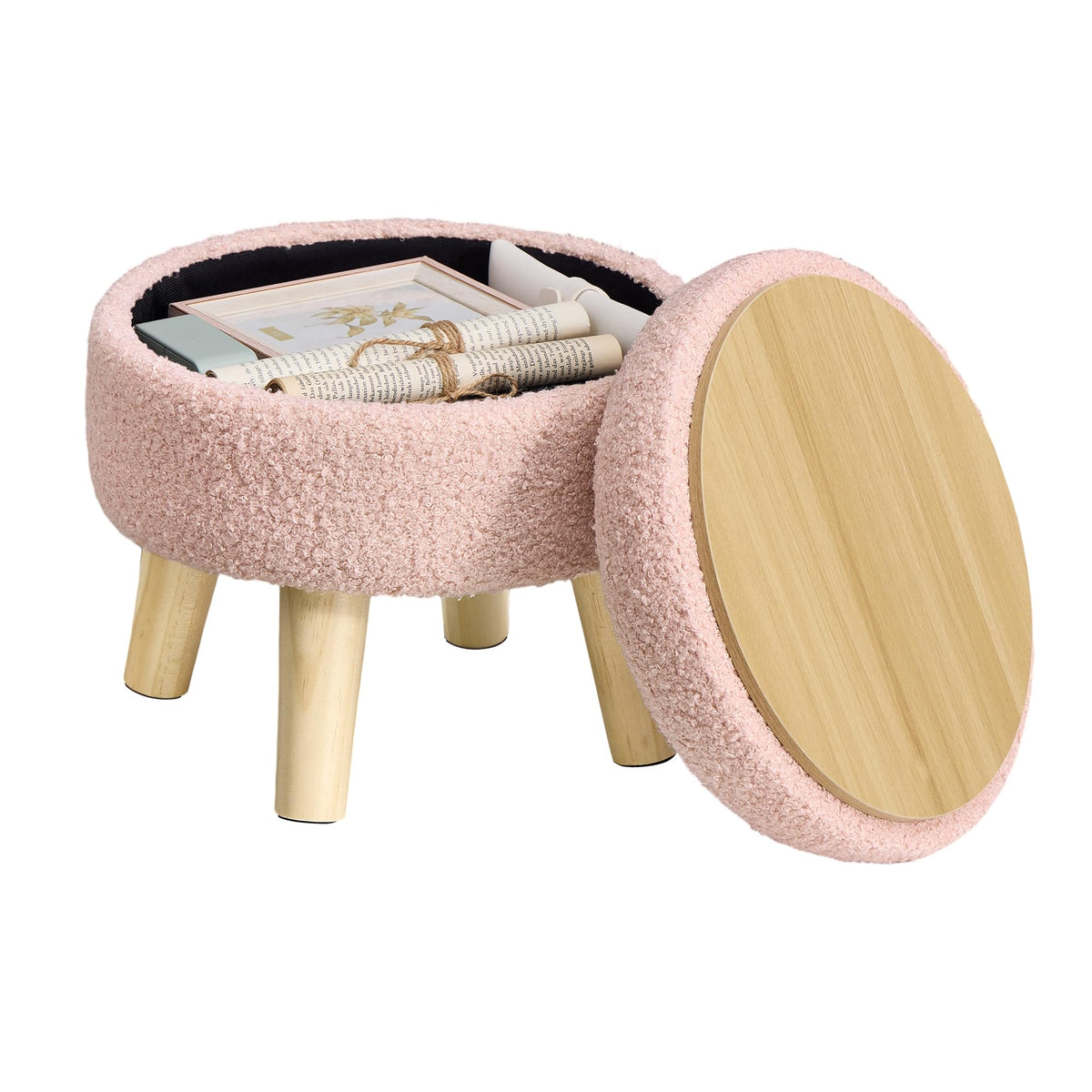 Songmics round storage ottoman with teddy fleece provides cozy seating and hidden storage.