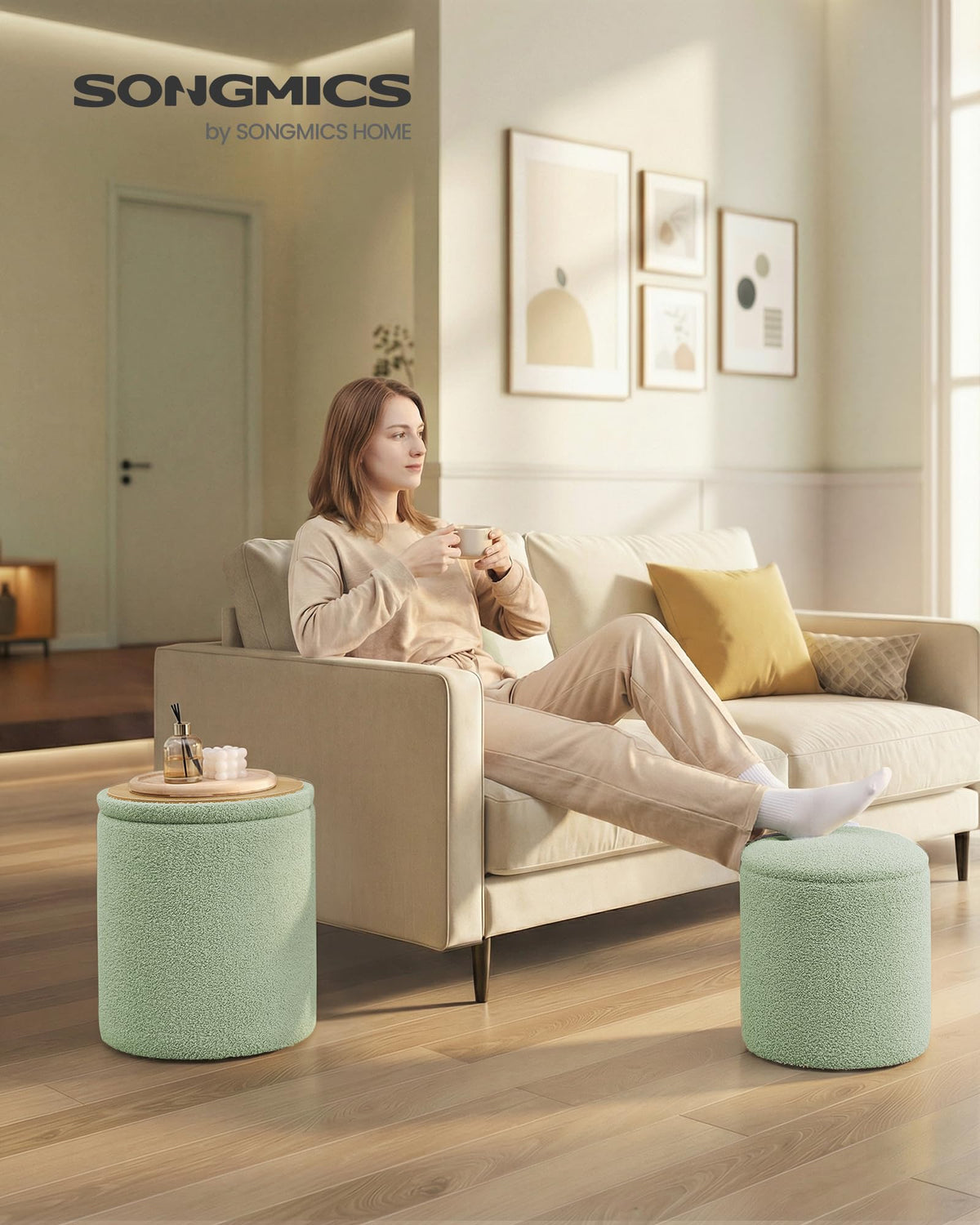 SONGMICS round storage ottoman covered in teddy fleece for cozy seating