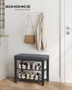 SONGMICS shoe bench steel frame, side view shows robust support.