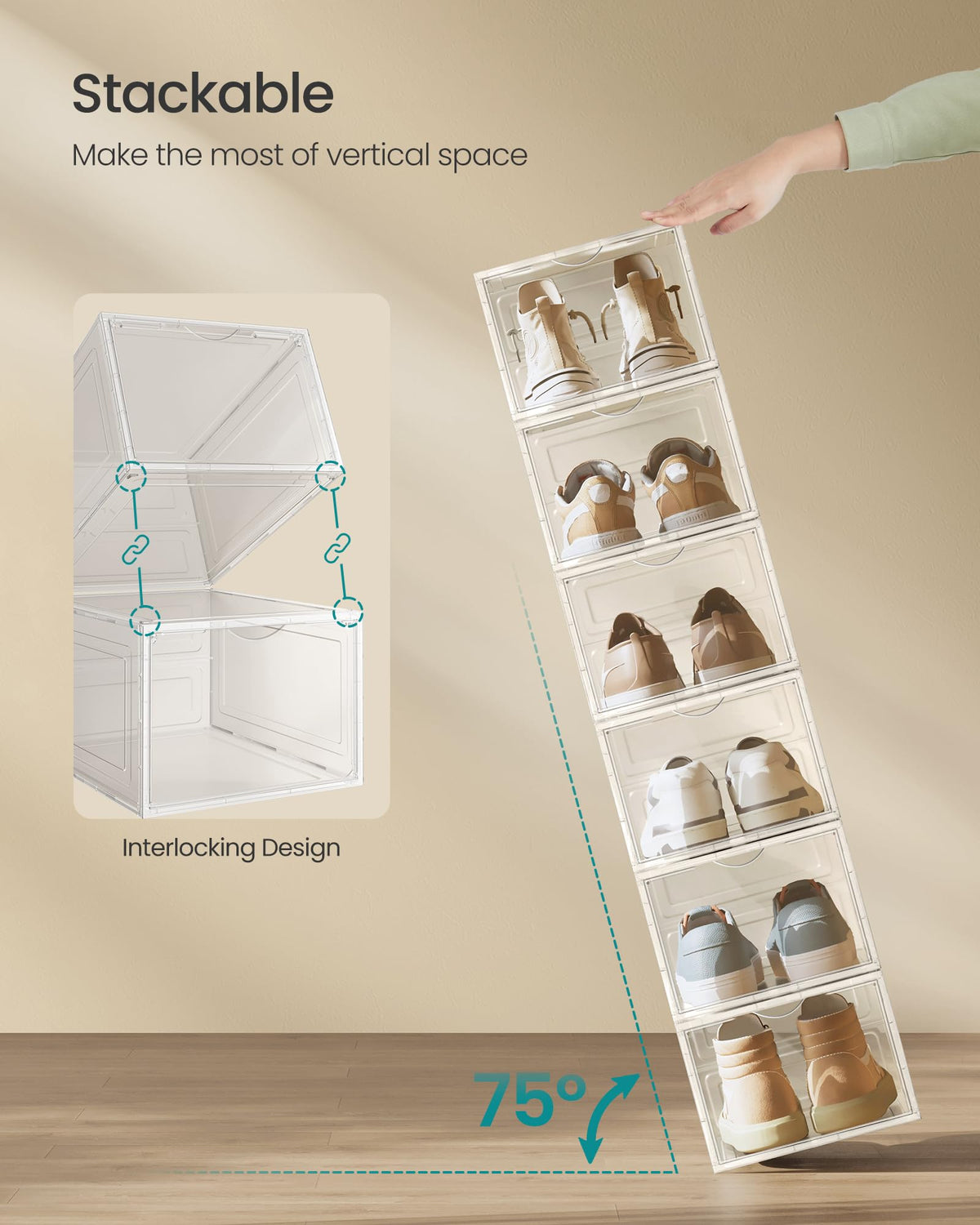SONGMICS drop-front shoe box assembly showing simple setup and modular design.