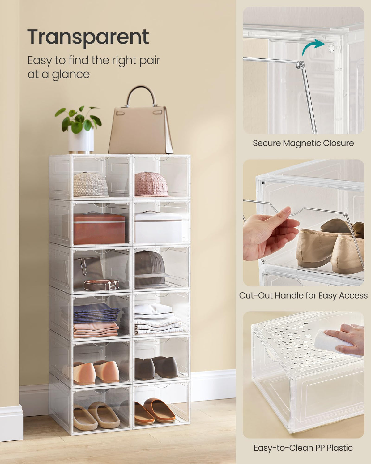 SONGMICS large shoe box interior fits up to US size 11 for sneakers and heels.