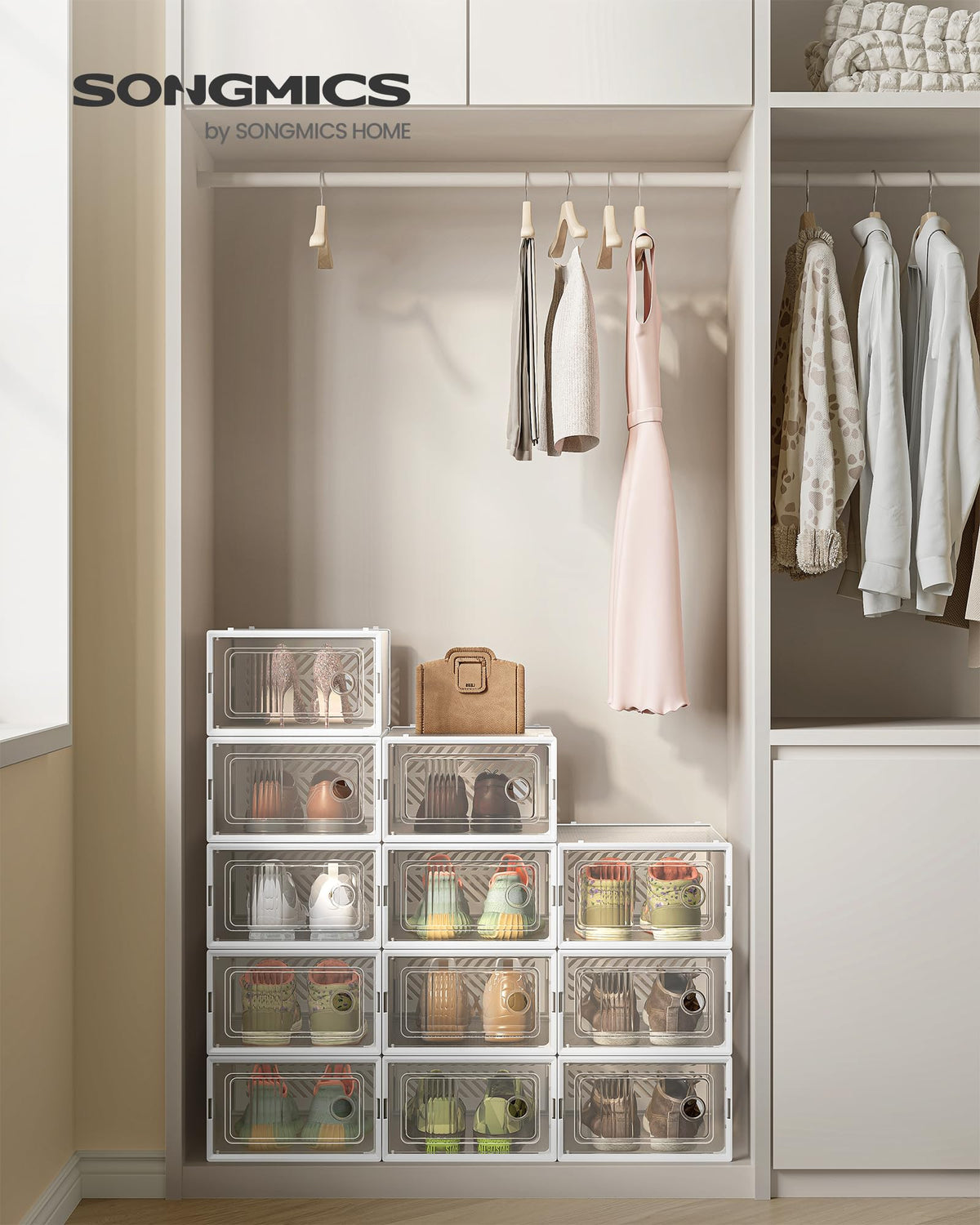 SONGMICS shoe box with ventilation holes for fresh air and odor control.