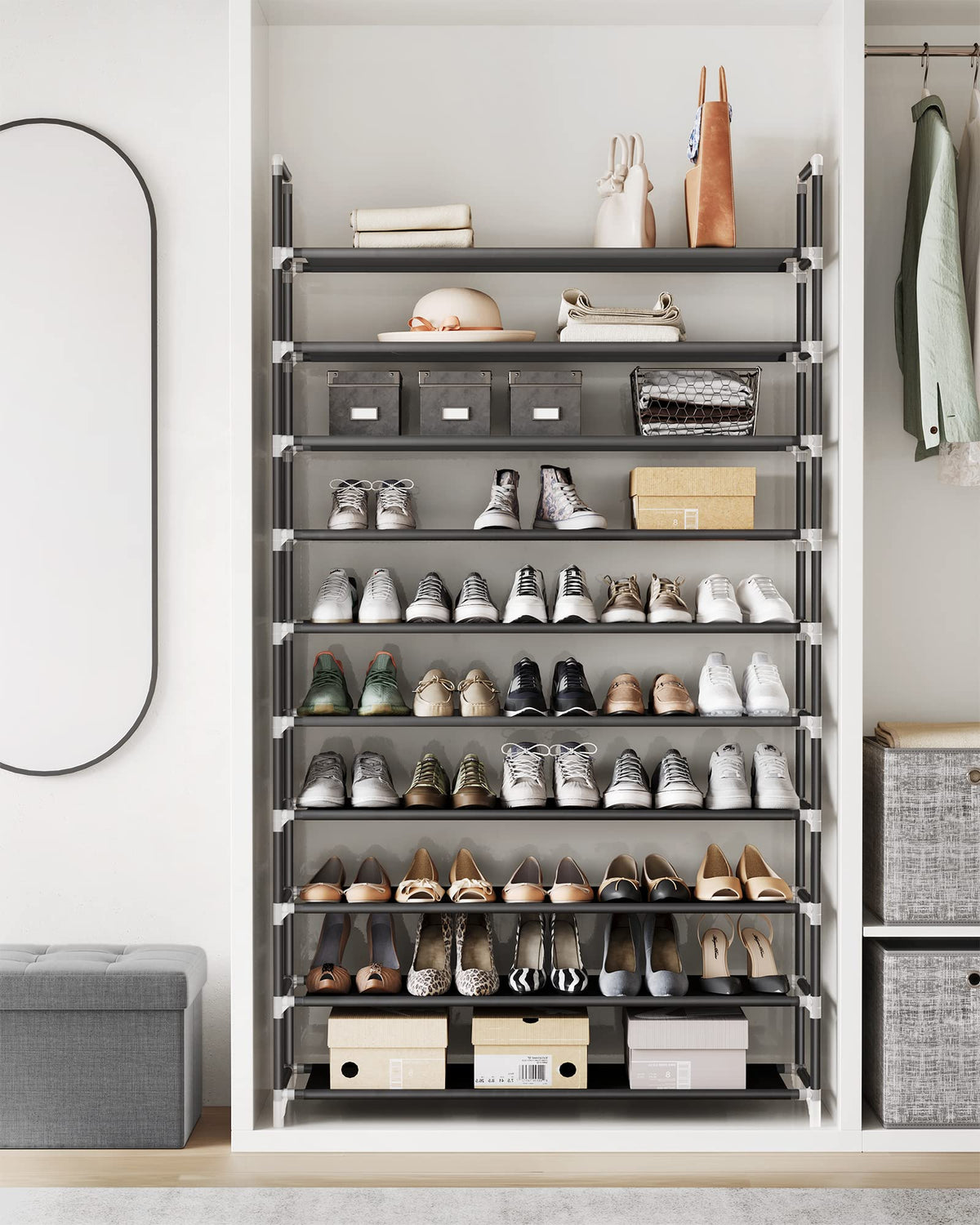 SONGMICS 10-tier shoe rack side view showing tall, space-saving design.