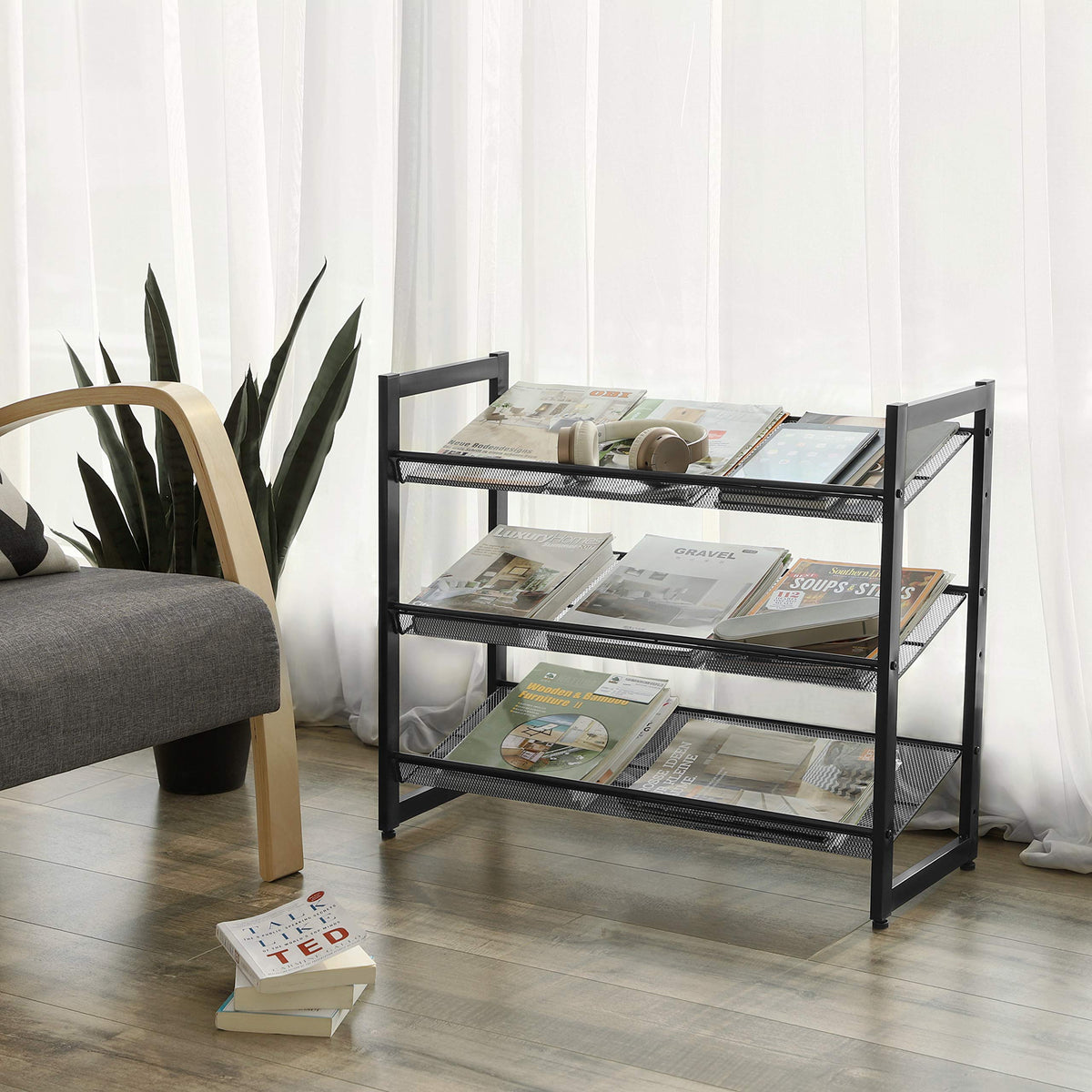Songmics 3-tier angled shelves front image—angled setup for quicker shoe reach.