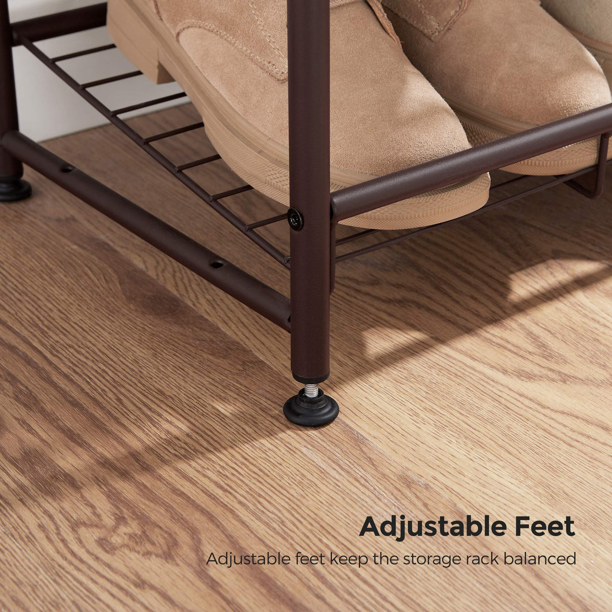 SONGMICS 3-tier bronze shoe rack bottom storage maximizes capacity.