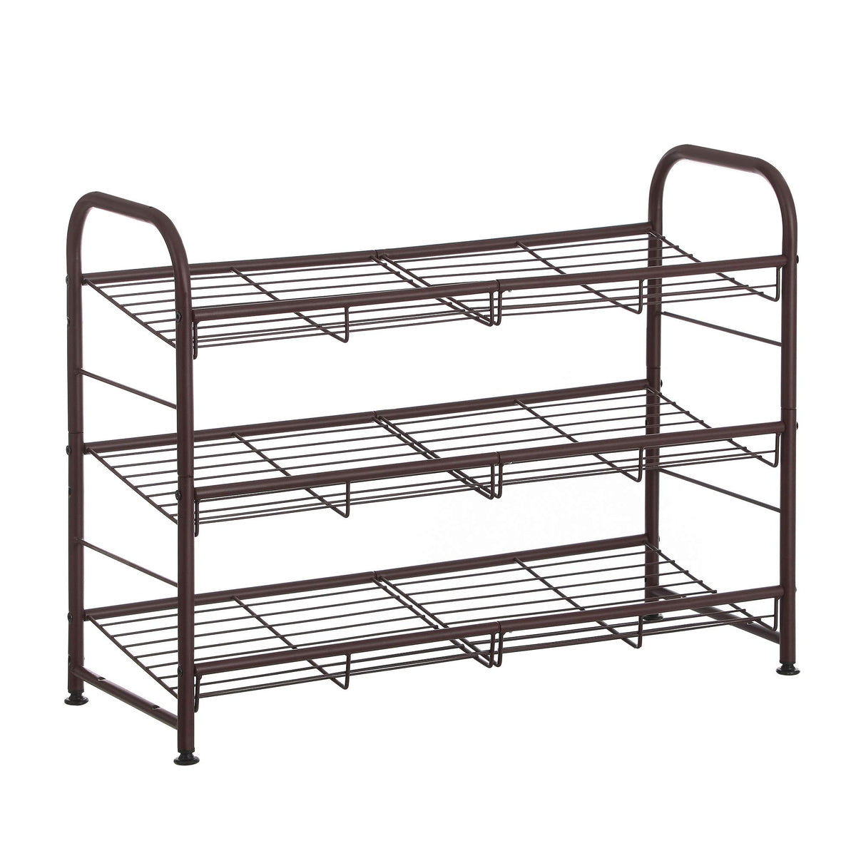 SONGMICS 3-tier bronze shoe rack front view keeps entryway organized.