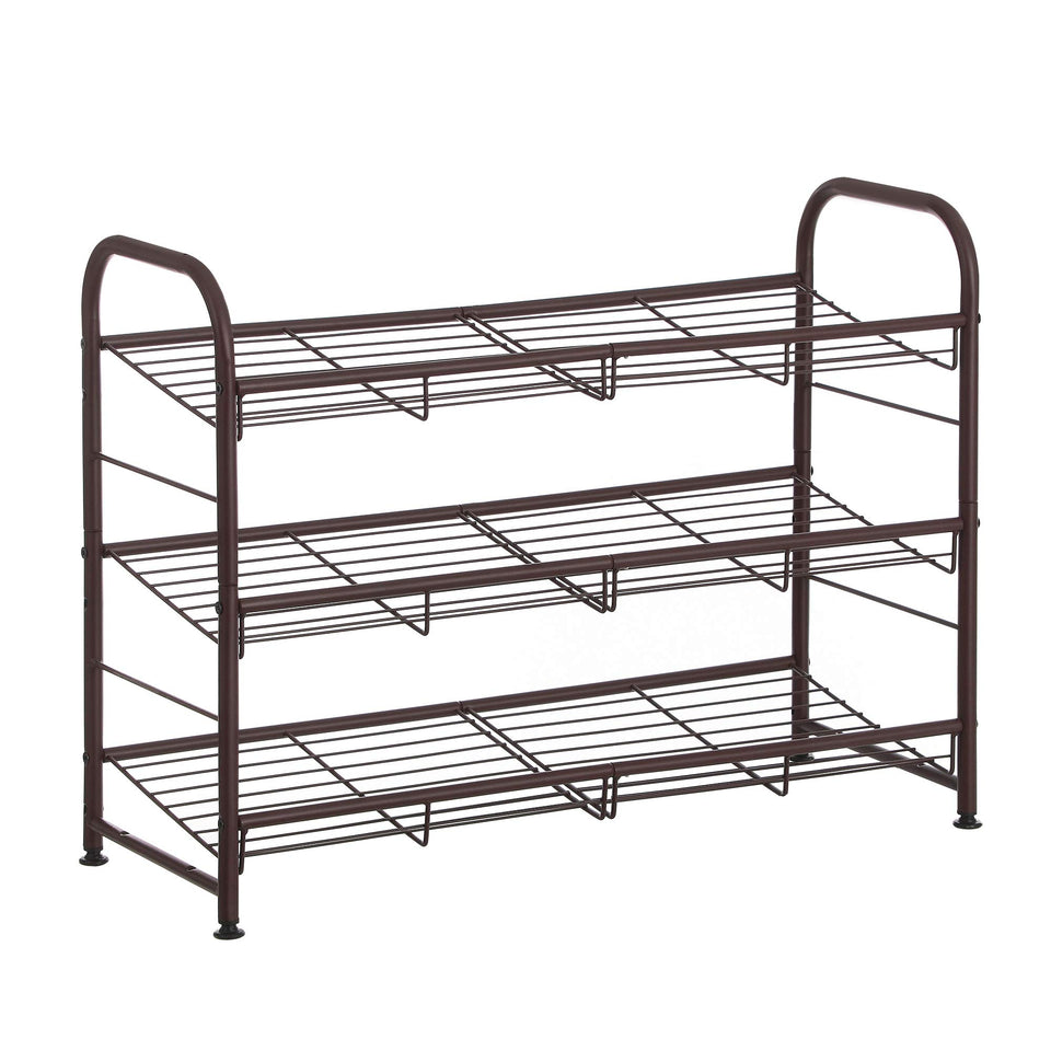 SONGMICS 3-tier bronze shoe rack front view keeps entryway organized.