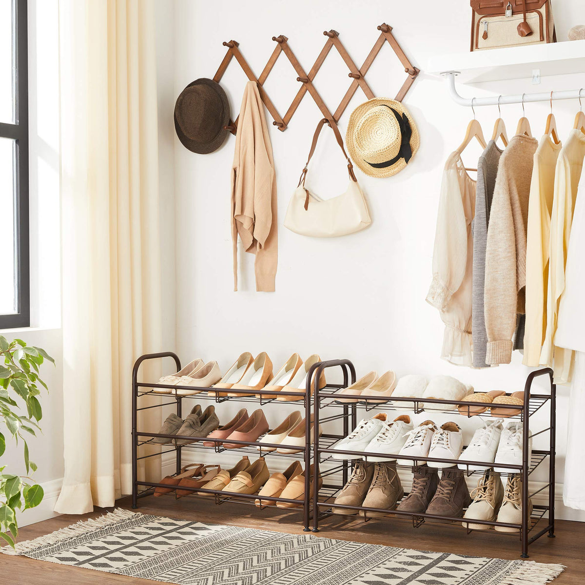 SONGMICS 3-tier bronze shoe rack tilt adjustment enables easy access.