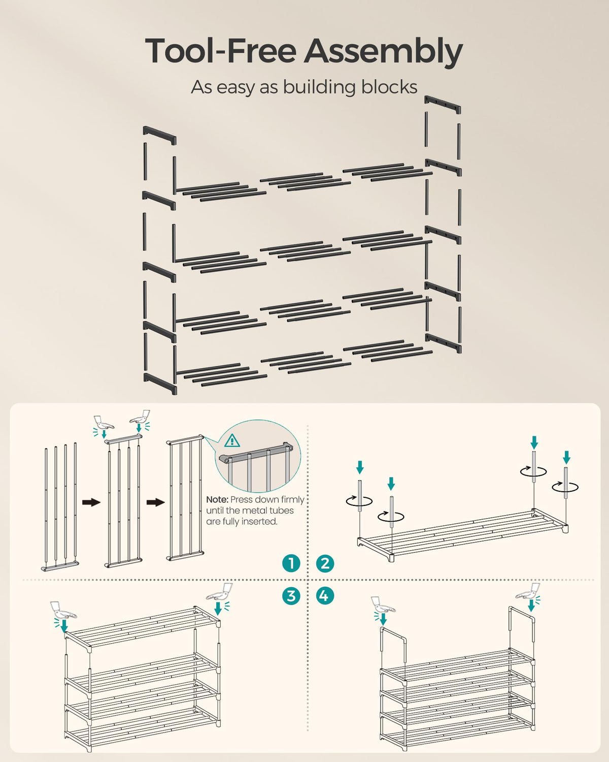 SONGMICS 4-tier stackable design maximizes vertical space efficiency.