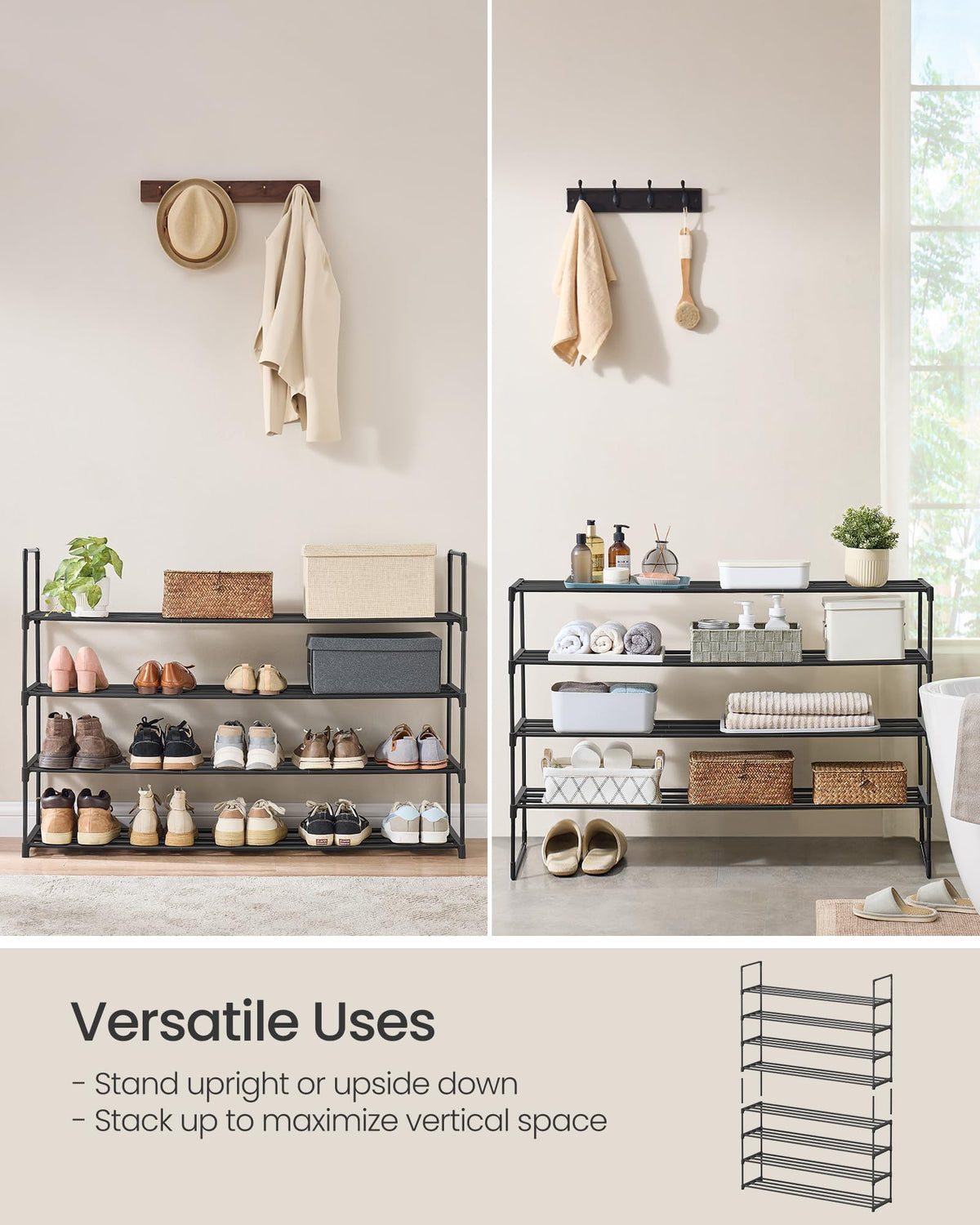 SONGMICS 4-tier shoe rack upside-down setup expands storage under shelf.
