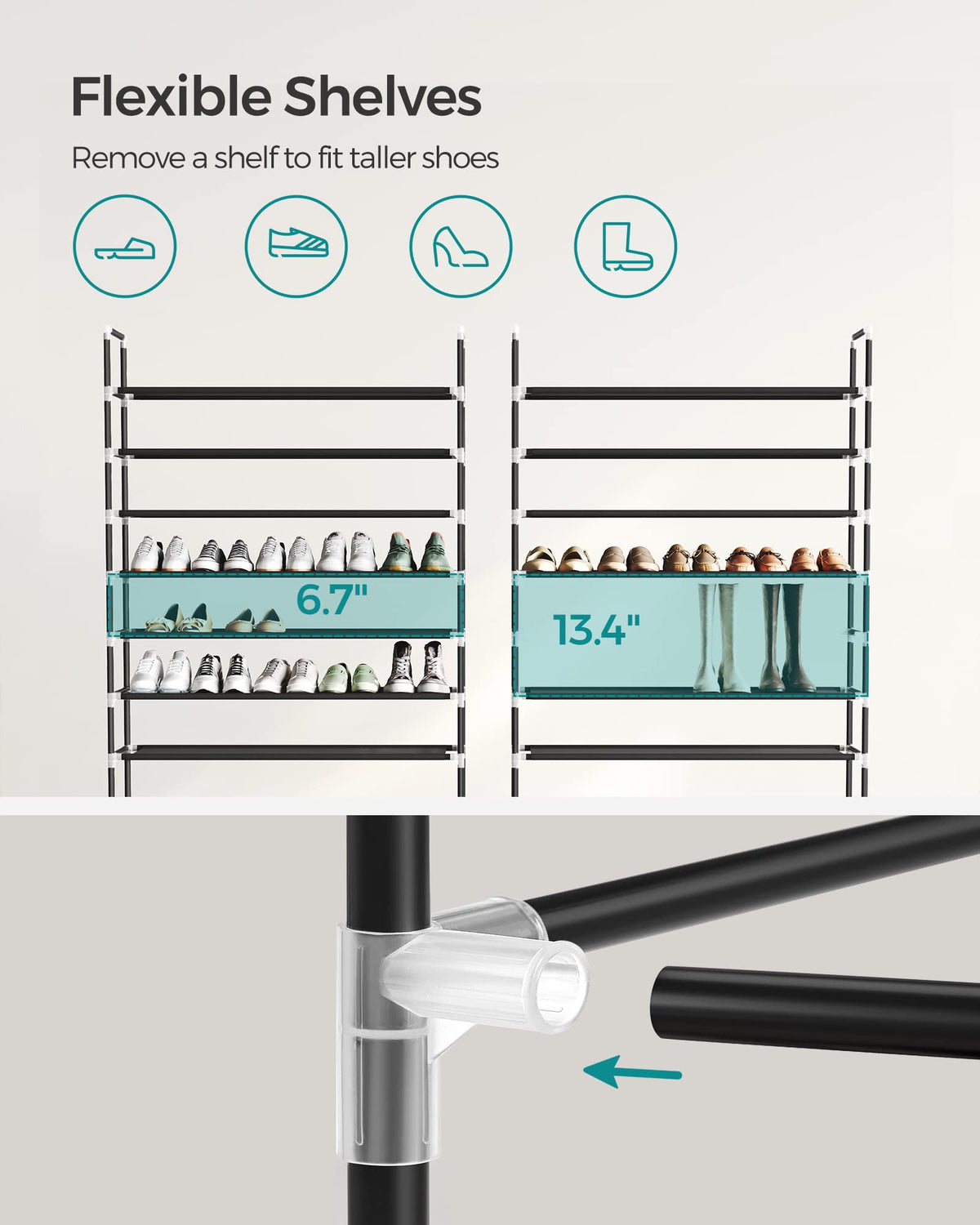 SONGMICS closet-friendly storage shelf for bags and clothing.