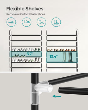 SONGMICS closet-friendly storage shelf for bags and clothing.