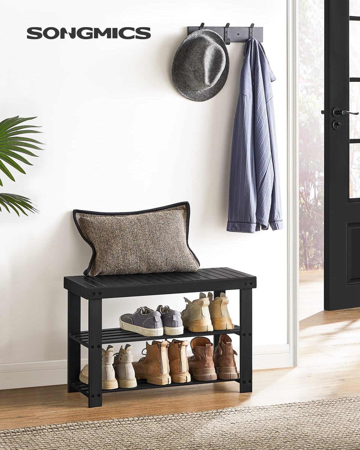 SONGMICS ink black bamboo shoe rack bench side view highlighting two sturdy shelves