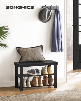 SONGMICS ink black bamboo shoe rack bench side view highlighting two sturdy shelves