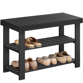 SONGMICS ink black bamboo shoe rack bench top view showing spacious surface for bags