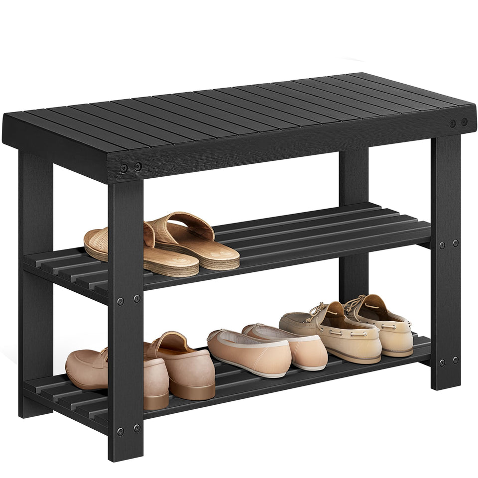 SONGMICS ink black bamboo shoe rack bench top view showing spacious surface for bags