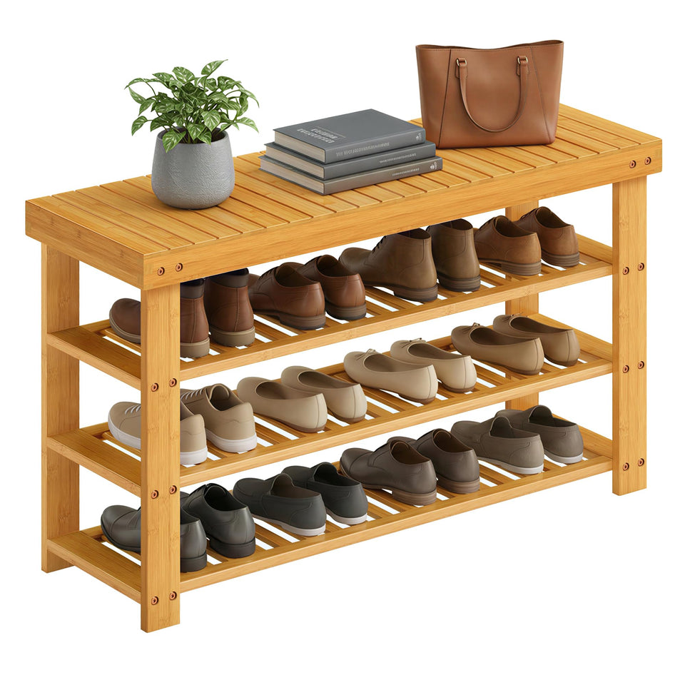 Songmics 4-tier bamboo shoe rack front view showing organized entryway storage