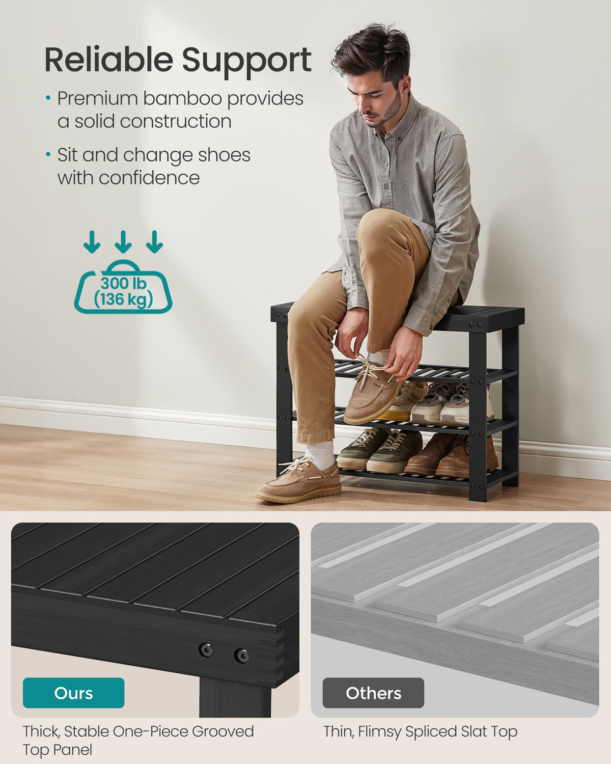 SONGMICS shoe rack bench bamboo construction adds natural warmth and durability.