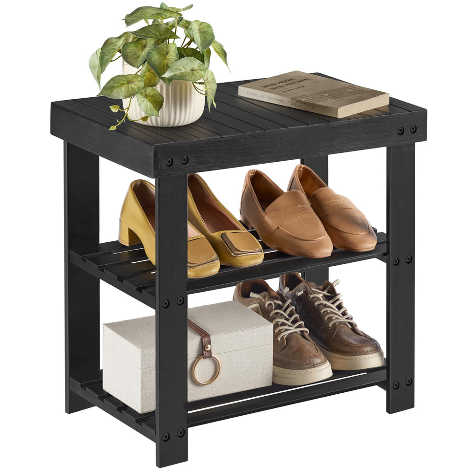 SONGMICS shoe rack bench front view shows durable bamboo storage for entryways