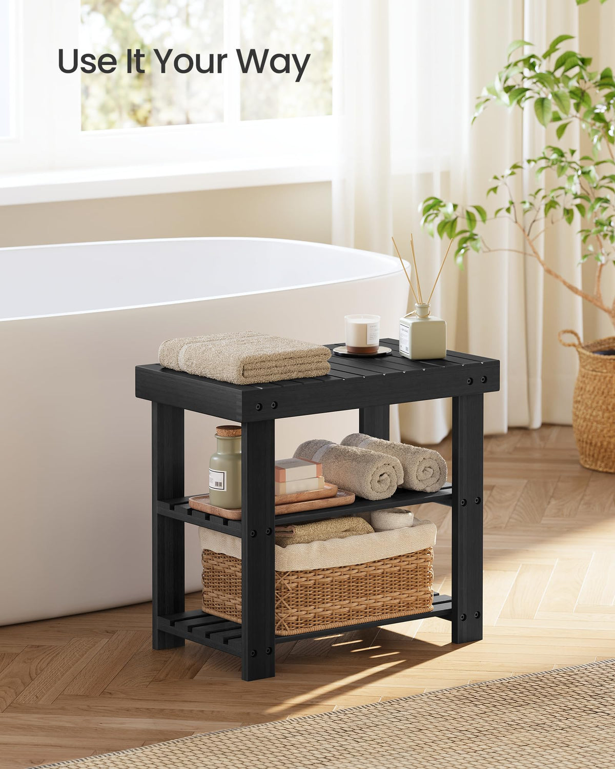 SONGMICS shelves closeup demonstrates two wide tiers suitable for multiple shoes