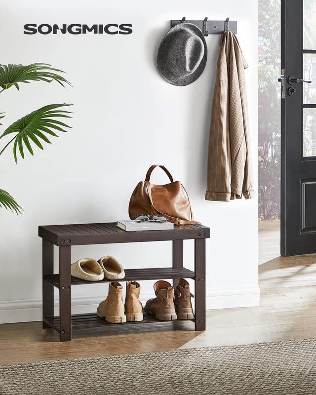 SONGMICS shoe rack bench shelves hold up to six pairs of shoes.