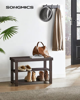 SONGMICS shoe rack bench shelves hold up to six pairs of shoes.