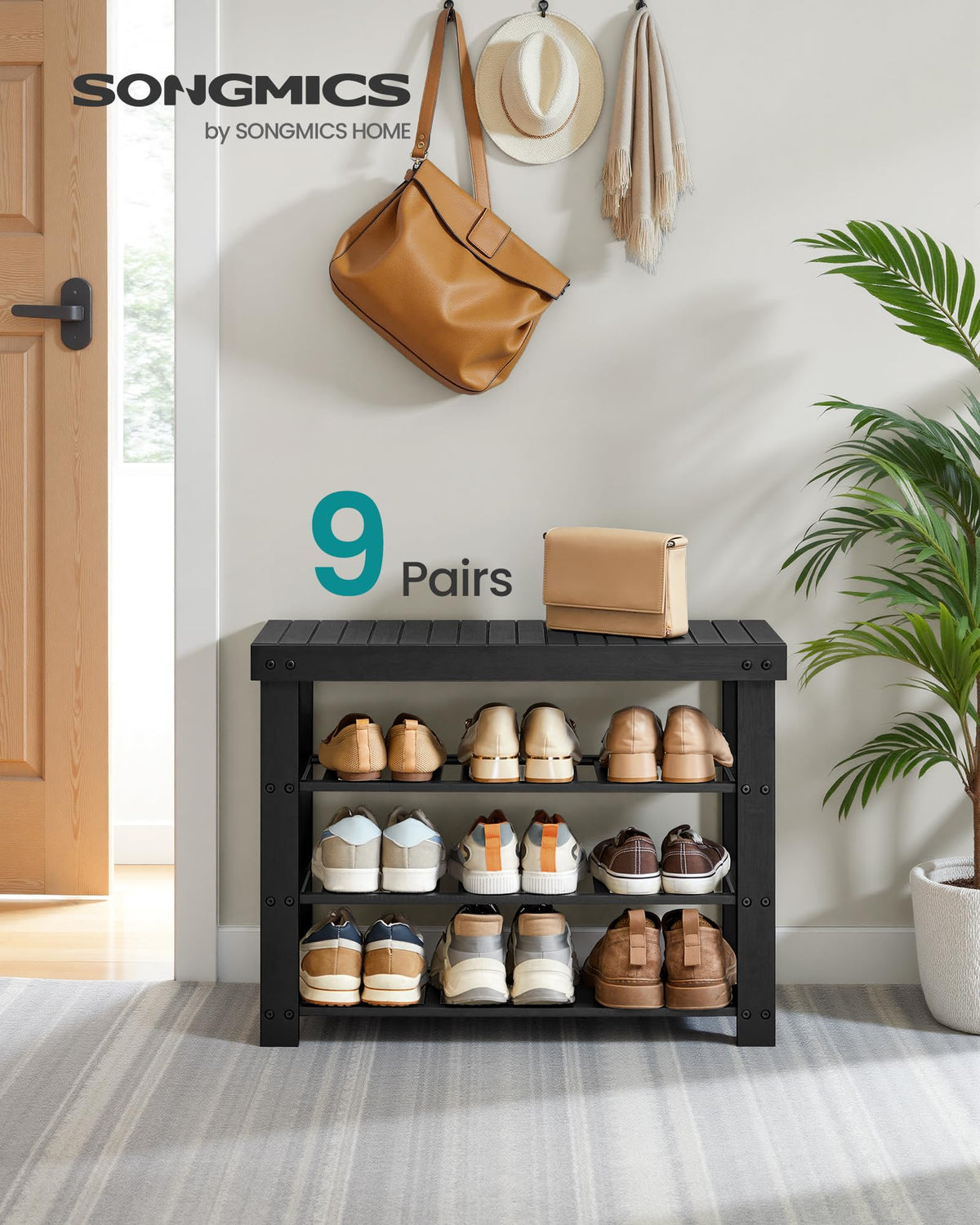 SONGMICS shoe rack bench three shelves neatly store nine pairs of shoes.