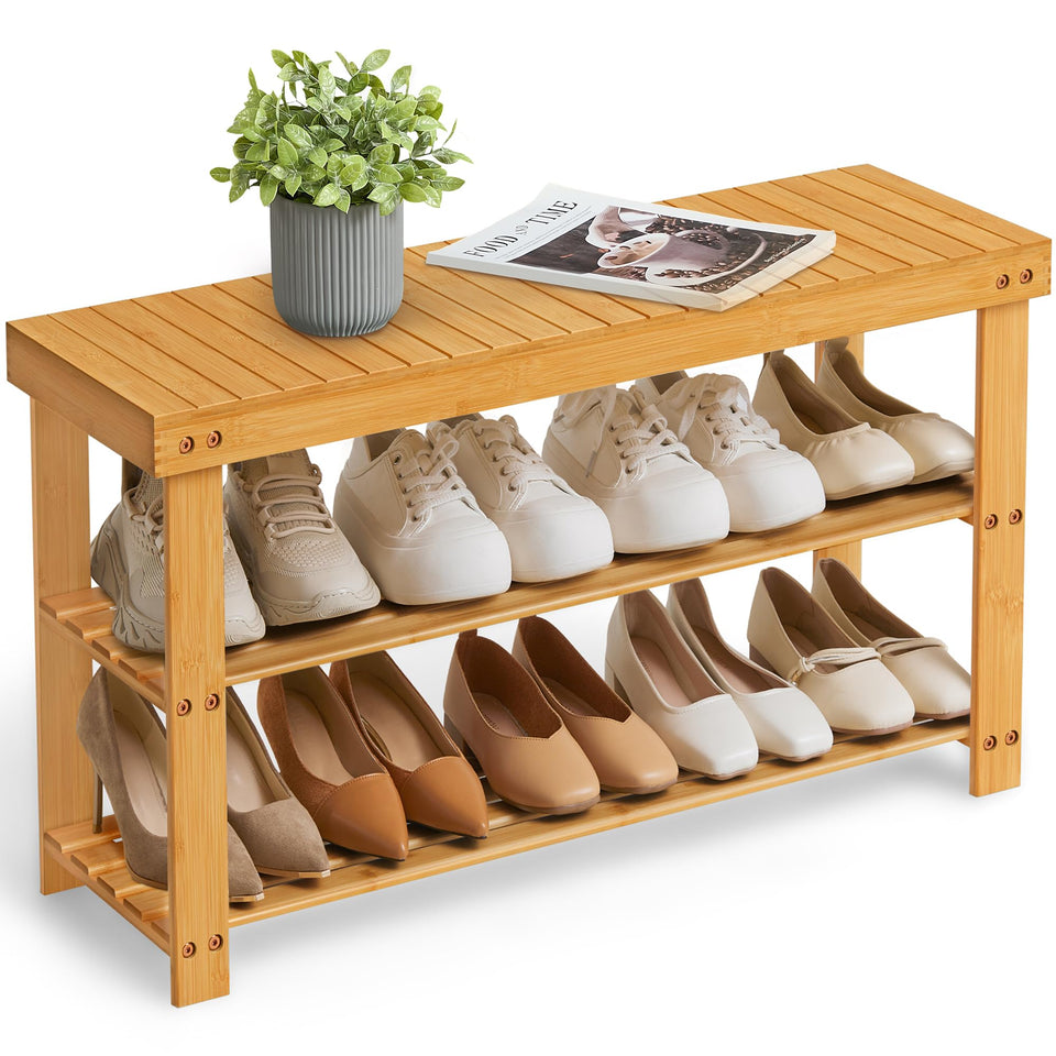 SONGMICS top panel of the bamboo shoe rack bench holds bags at the entryway