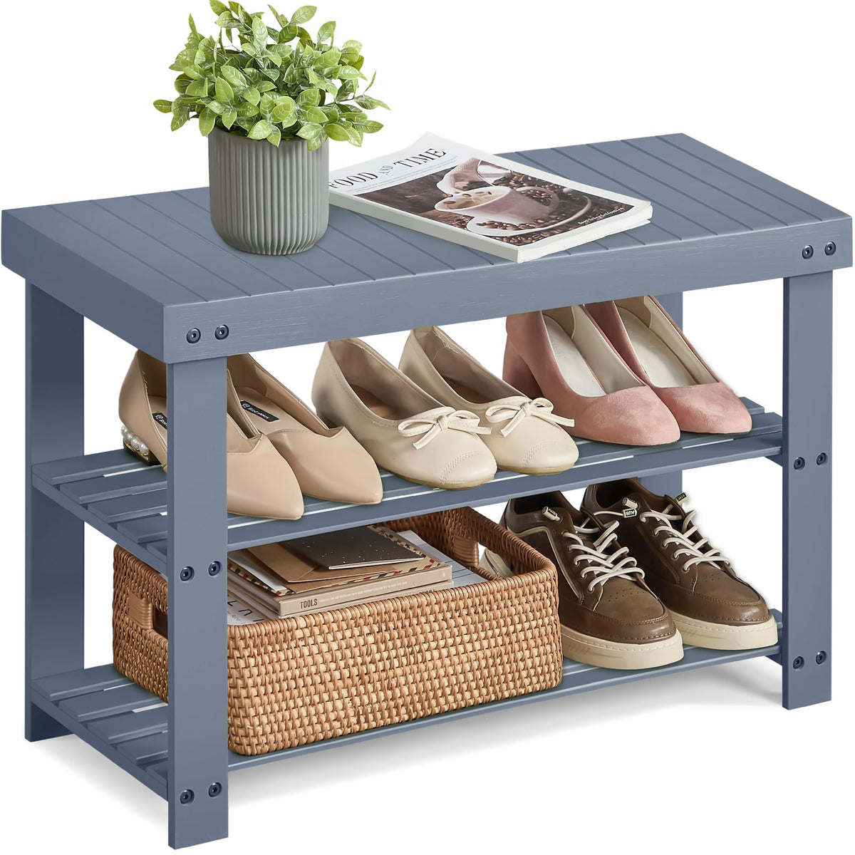 SONGMICS shoe rack bench top panel offers convenient surface for bags and essentials.
