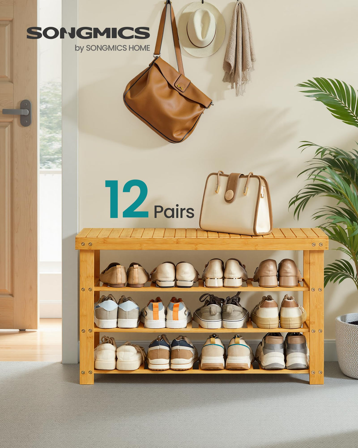 Songmics shoe rack bench top surface used for bags and daily grab-and-go items