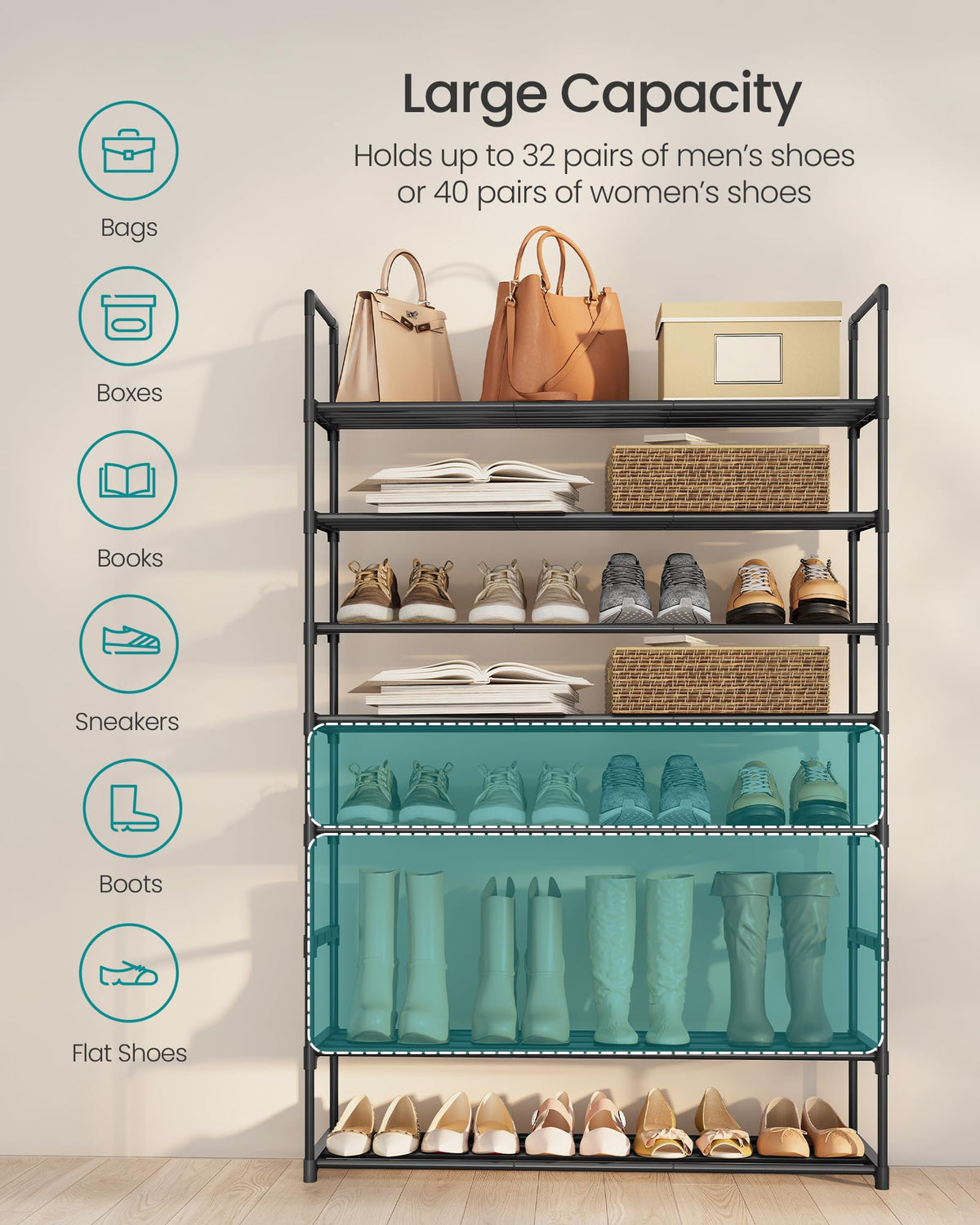 SONGMICS stackable design expands vertical storage for shoes.