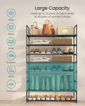 SONGMICS stackable design expands vertical storage for shoes.