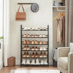 SONGMICS stackable setup expands storage for more shoes.