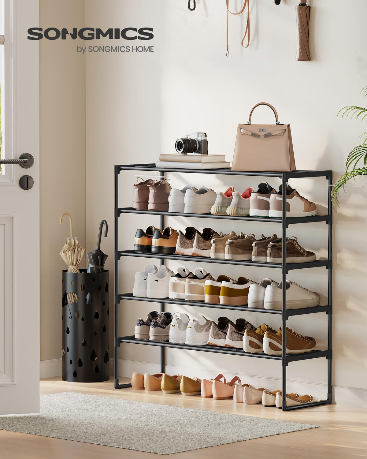 Songmics shoe rack upright arrangement for easy access to footwear.