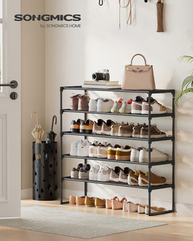 Songmics shoe rack upright arrangement for easy access to footwear.