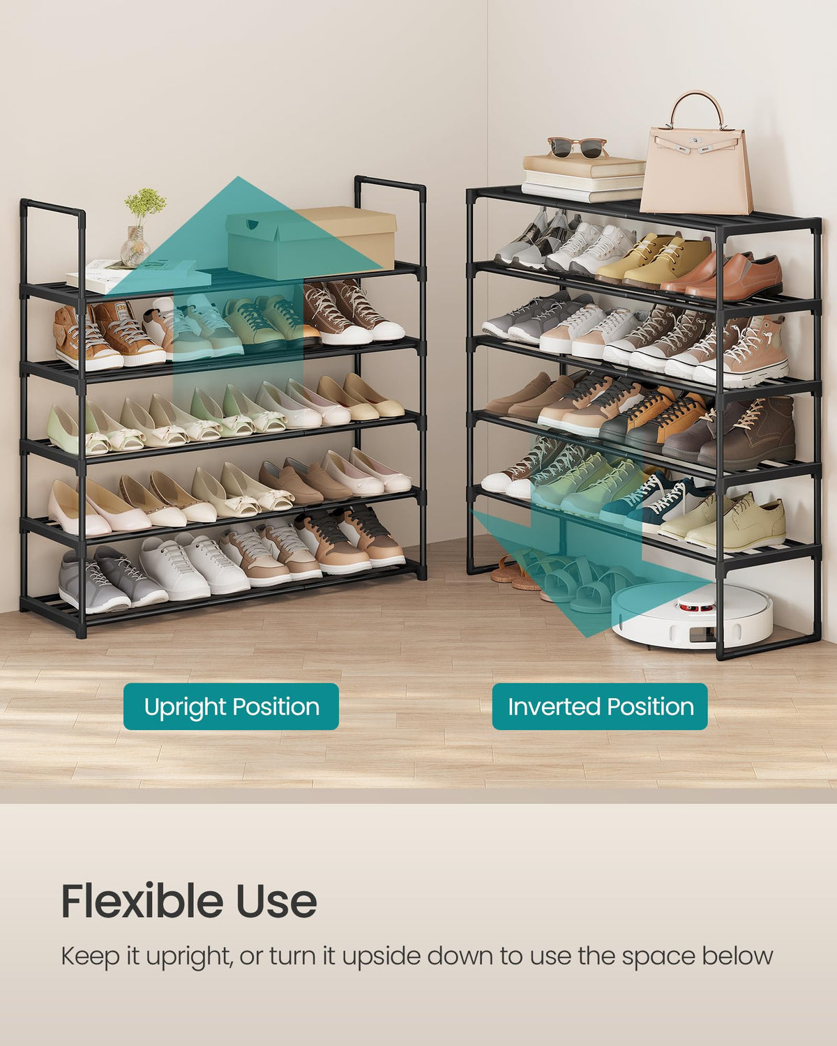 Songmics shoe rack upside-down configuration maximizing under-shelf space.