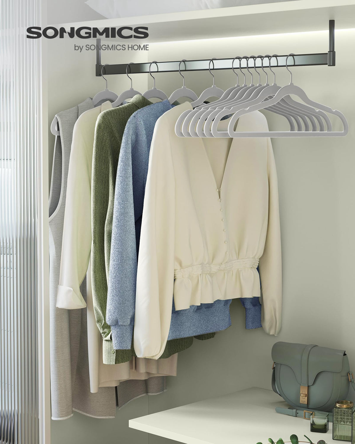 SongMICS velvet hangers showing 360-degree silver swivel hooks for easy access.